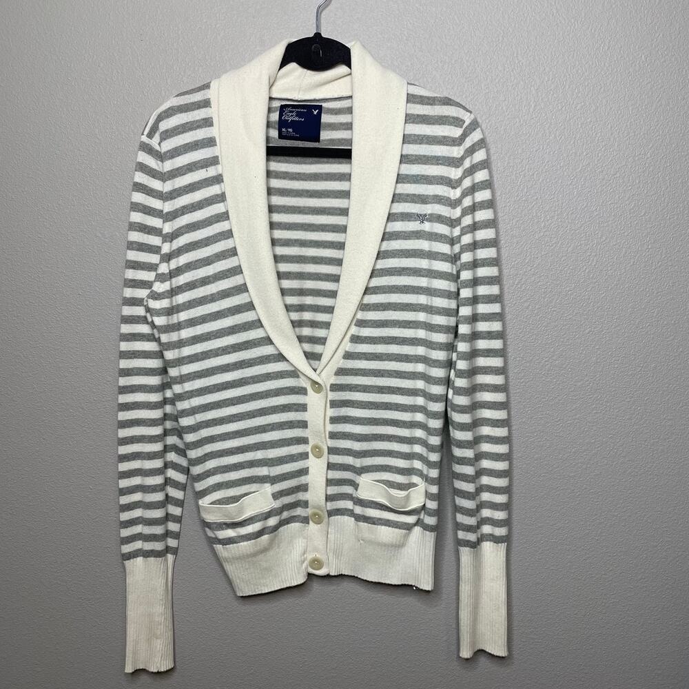 American Eagle Cardigan Women XL Grey New Striped Shawl Collar Button Front